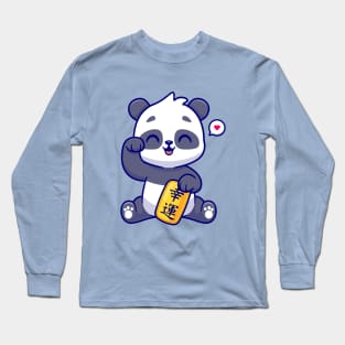 Cute Lucky Panda Holding Gold Coin Cartoon Long Sleeve T-Shirt